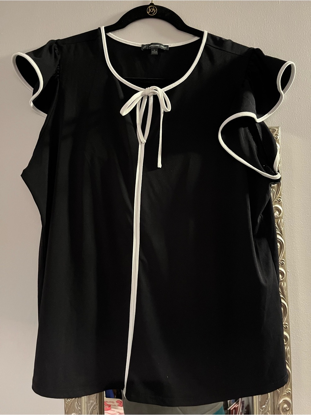 Adrianna Papell Black Blouse with White Trim and Tie Neck